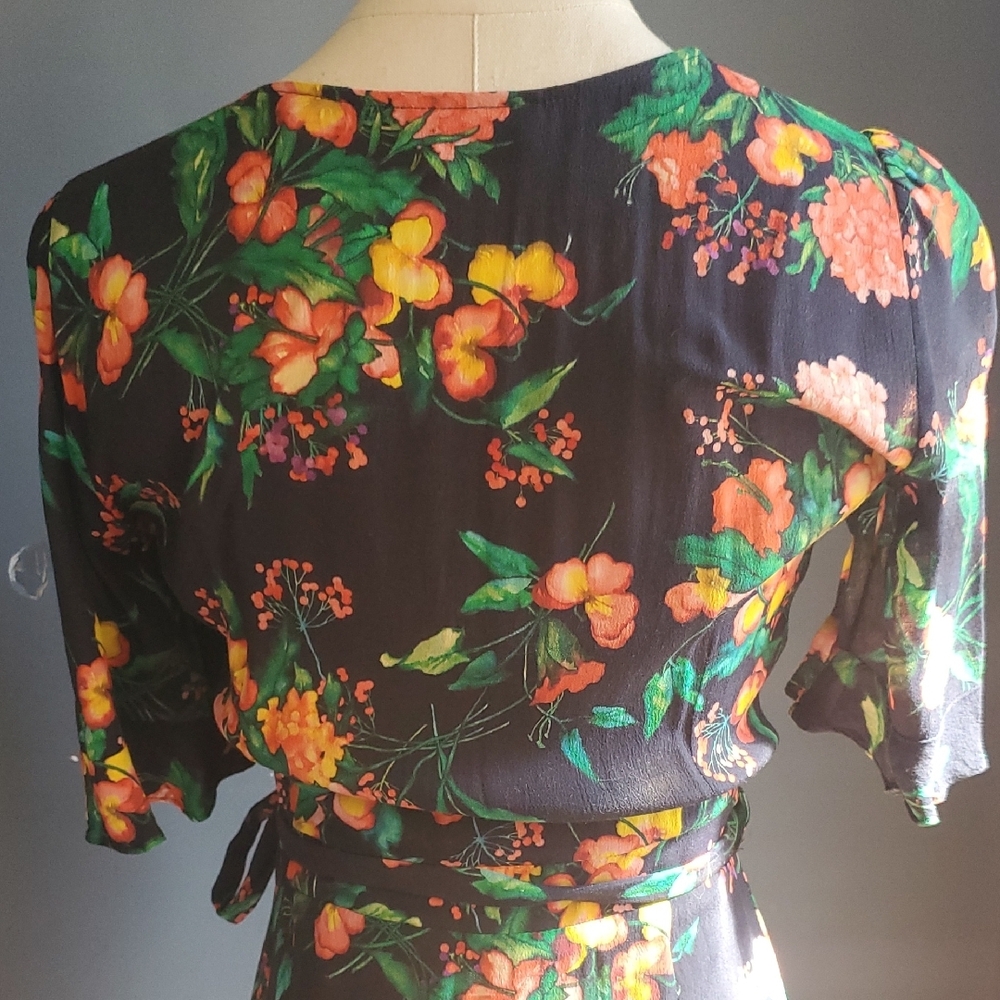 Zara Black Floral Wrap  Dress with Pink, Orange & Green Accents - Picture 9 of 13
